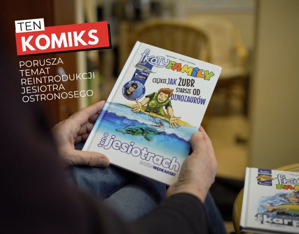 Komiks wędkarski Fikoty Family ten o jesiotrach