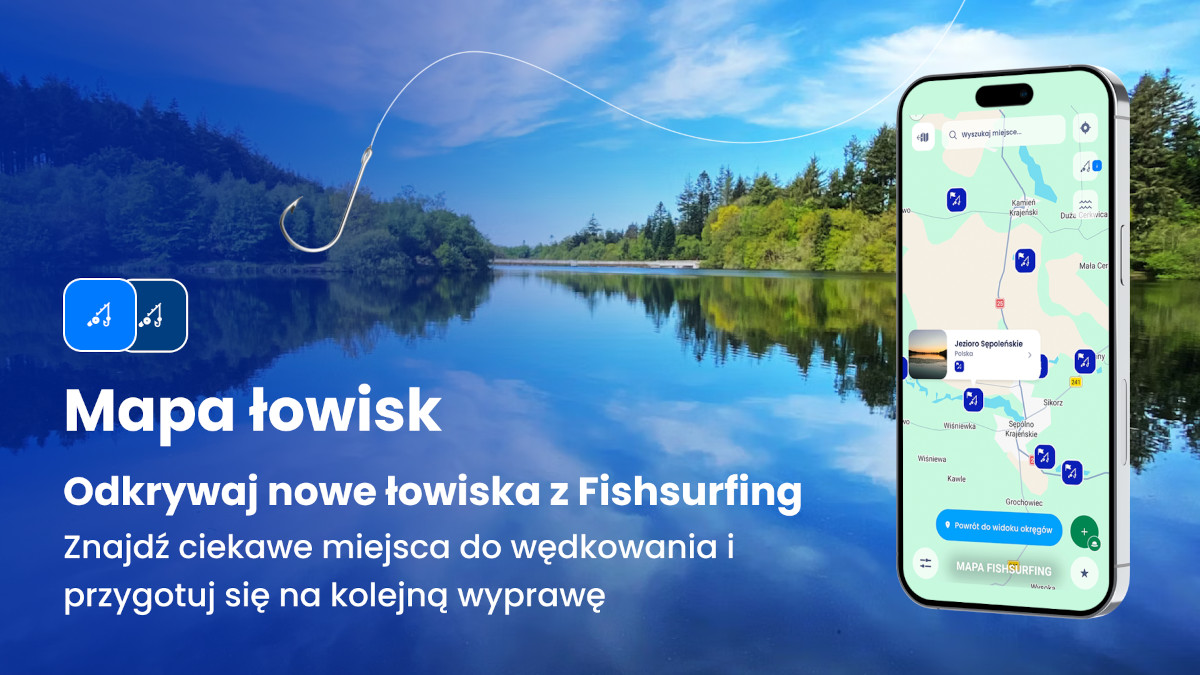 Mapa łowisk Fishsurfing z zaznaczonymi miejscami do wędkowania